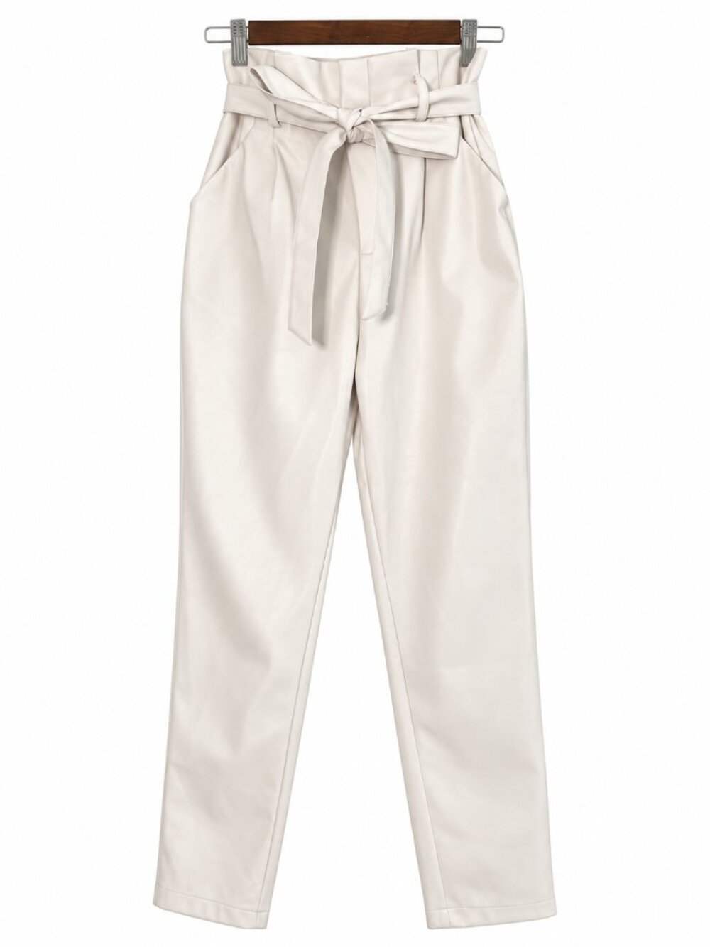 Lucy Paris Ivory Faux Leather Paperbag Waist Pants